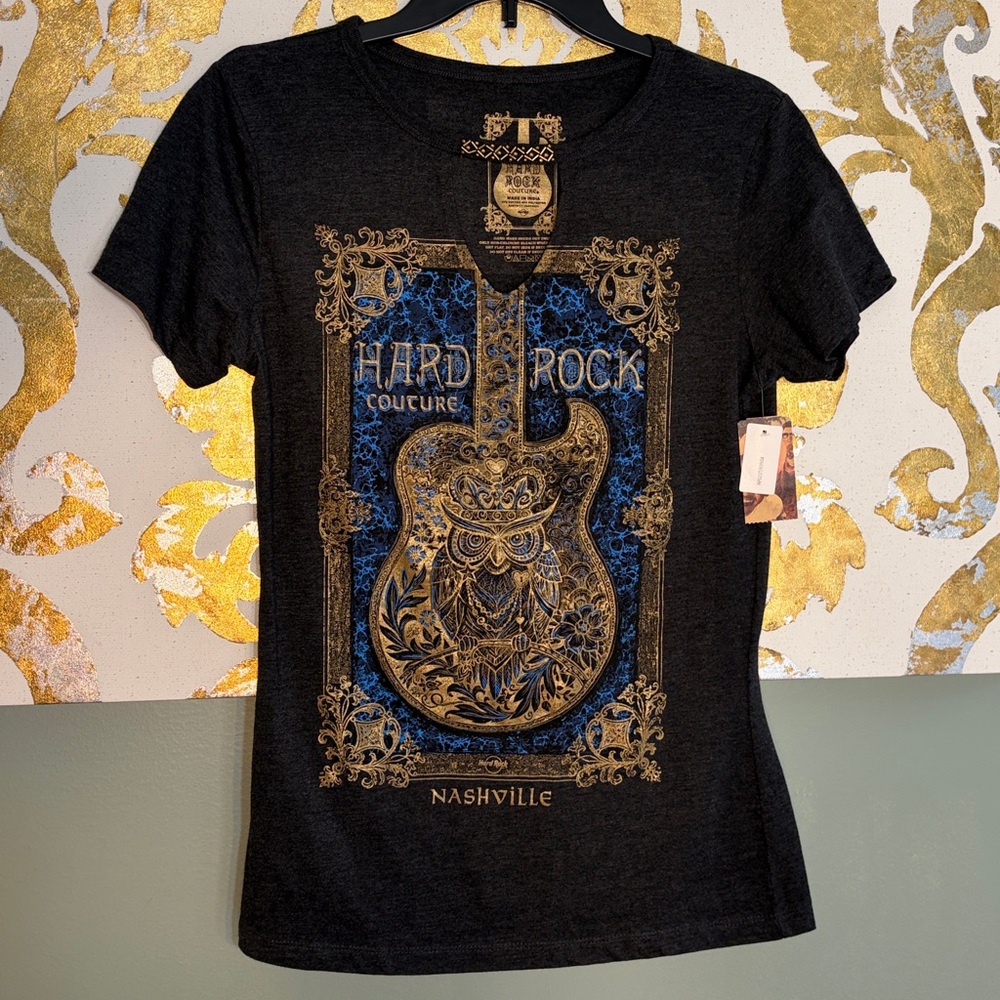 Hard Rock Couture Size Medium Nashville Heather Charcoal Owl Guitar Beaded Tee